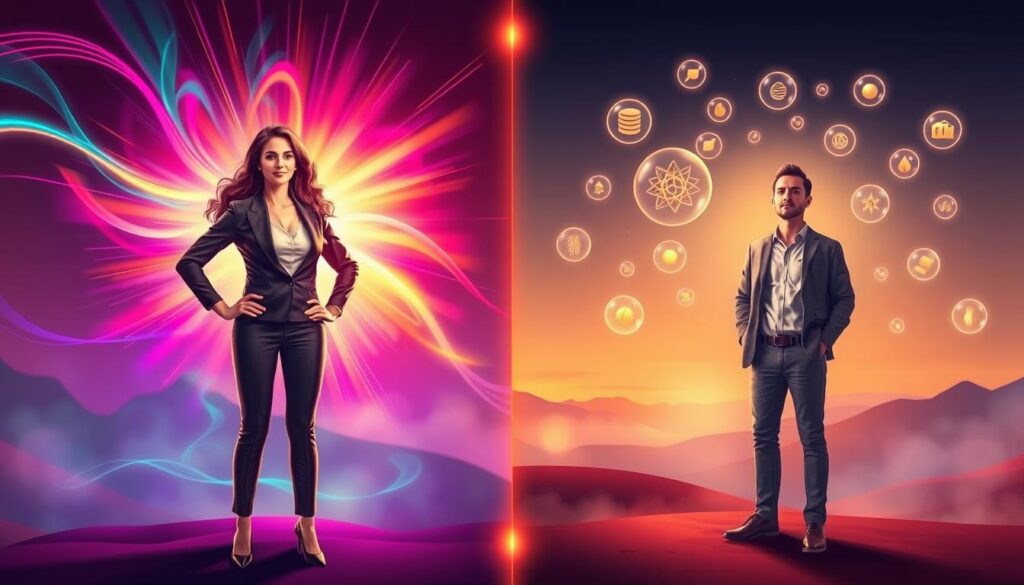 A visually striking split-scene illustration comparing the Law of Assumption and the Law of Attraction. In the foreground, on the left side, a confident woman in professional attire stands with her hands on her hips, emanating a strong aura of self-belief. She is surrounded by vibrant, swirling neon colors that represent the power of assumption, with radiant light casting a warm glow on her. On the right side, an inviting setting showcases a serene man in smart casual clothing, gently surrounded by glowing orbs and symbols of abundance, depicting the Law of Attraction. The background features a dreamy, abstract landscape merging both scenes, with soft gradients blending the contrasting philosophies. The overall mood is empowering and uplifting, with a modern, high-end magazine advertisement aesthetic, emphasizing hope and positive energy. A visually striking split-scene illustration comparing the Law of Assumption and the Law of Attraction. In the foreground, on the left side, a confident woman in professional attire stands with her hands on her hips, emanating a strong aura of self-belief. She is surrounded by vibrant, swirling neon colors that represent the power of assumption, with radiant light casting a warm glow on her. On the right side, an inviting setting showcases a serene man in smart casual clothing, gently surrounded by glowing orbs and symbols of abundance, depicting the Law of Attraction. The background features a dreamy, abstract landscape merging both scenes, with soft gradients blending the contrasting philosophies. The overall mood is empowering and uplifting, with a modern, high-end magazine advertisement aesthetic, emphasizing hope and positive energy.