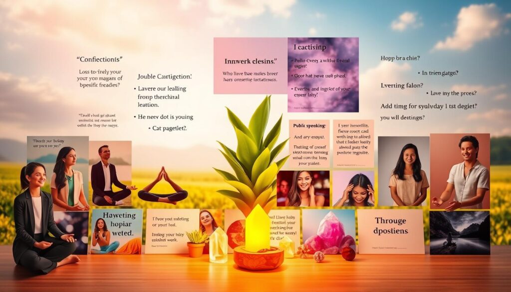A visually striking vision board representing personal growth and confidence, set against a dreamy, ethereal background. In the foreground, an array of colorful images and affirmations, showcasing diverse individuals in professional attire engaged in various activities like meditation, public speaking, and goal-setting. The middle layer features lush plants and calming crystals symbolizing tranquility and motivation, with a touch of neon colors illuminating the elements. The background includes a soft, blurred landscape that conveys a sense of endless possibilities, capturing the essence of a bright, hopeful future. The lighting is warm and inviting, creating a serene atmosphere, with a hint of a high-end magazine advertisement vibe. The composition should evoke feelings of inspiration and empowerment, encouraging viewers to envision their journey of growth.
