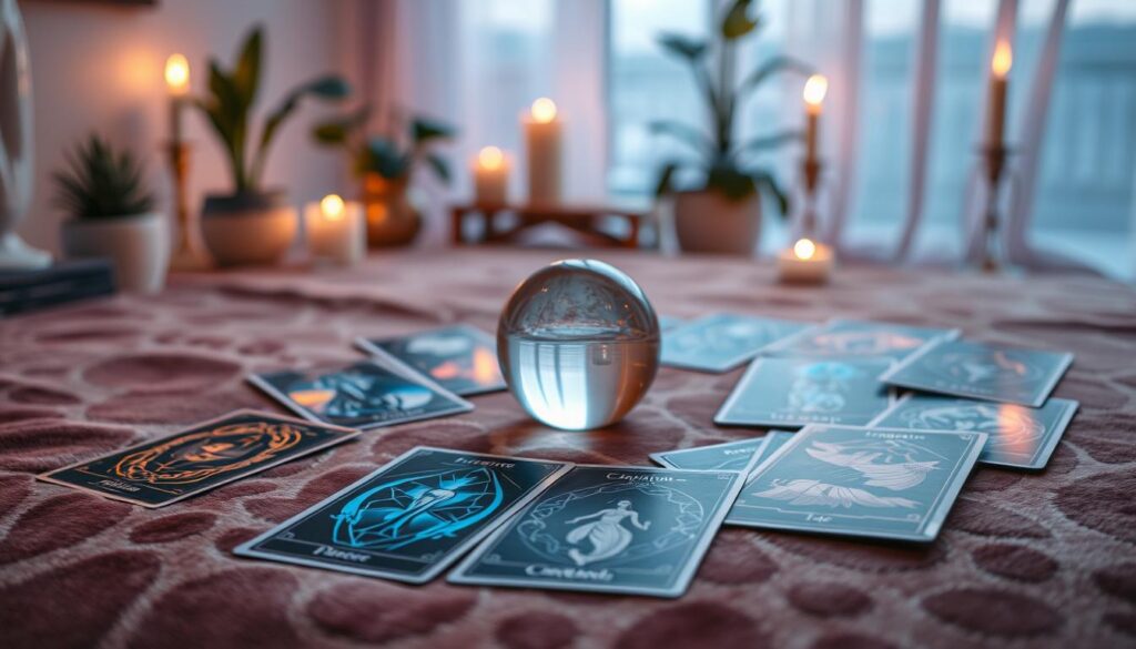 A visually stunning collection of oracle cards spread out elegantly on a textured velvet surface, illuminated by soft, ethereal lighting that casts gentle shadows, creating an atmosphere of mystique and tranquility. In the foreground, focus on the intricate designs of the cards featuring dreamlike imagery in neon colors, symbolizing intuition, spirituality, and personal growth. In the middle ground, a crystal ball rests alongside the cards, reflecting soft glimmers of light. The background features a blurred, softly lit room with calming decor, such as plants and flickering candles, enhancing the reflective mood. The composition should convey a sense of serenity and deeper connection to one’s inner self, perfect for an intuitive daily draw experience.