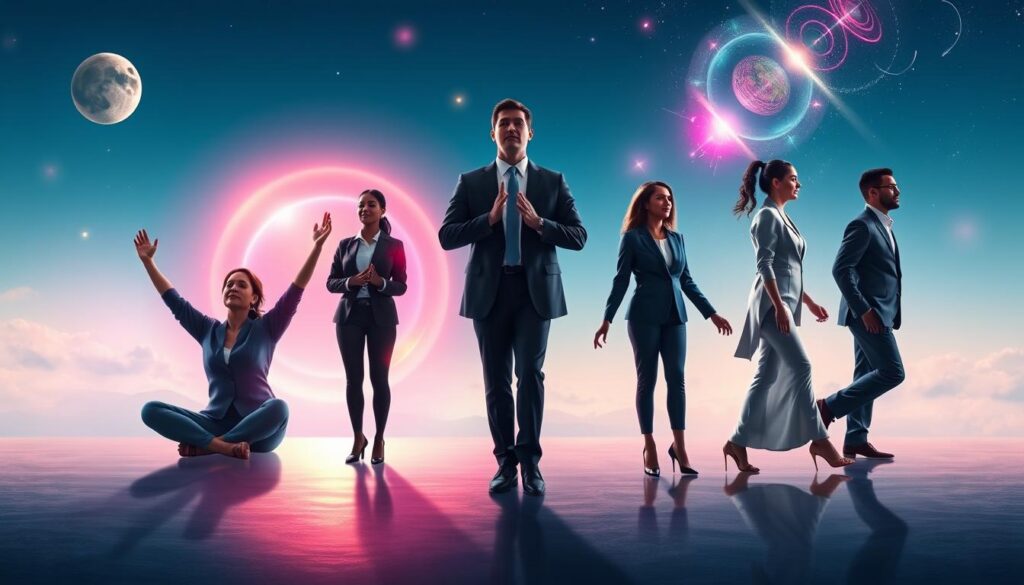 A visually stunning composition showcasing four unique meditation styles inspired by Dr. Joe Dispenza. In the foreground, four diverse adult figures dressed in professional business attire are engaged in different meditative poses, each radiating a distinct aura. One figure sits cross-legged in a calm, serene pose, surrounded by soft, glowing light. Another stands tall with arms raised, embodying empowerment. A third, seated in a thoughtful position, has vibrant visuals of energy flowing around them. The fourth figure peacefully walks forward, symbolizing moving towards enlightenment. The middle ground features hints of abstract shapes and dreamlike elements, incorporating neon colors and ethereal patterns. The background showcases a tranquil, cosmic landscape evoking a sense of infinite possibilities. The overall atmosphere is inspiring, modern, and perfectly suited for a high-end magazine advertisement targeted at adult Gen Z, with bright lighting and a slight lens flare for artistic effect.