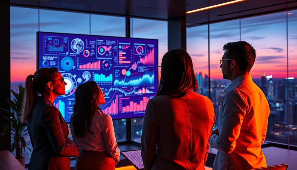 A visually stunning depiction of "visualization for high performance," set in a sleek, modern office. In the foreground, a diverse group of three professional individuals in business attire are engaged in a focused brainstorming session, with vivid neon light accents illuminating their faces. The middle ground features a large digital screen displaying abstract visualizations—charts, graphs, and inspirational imagery, blending data with creativity. The background showcases a panoramic city skyline at dusk, with warm and cool neon colors creating a dynamic contrast. Use soft, ambient lighting to enhance the mood of innovation and ambition, capturing the essence of high performance in a luxury business environment. The overall atmosphere should reflect a fusion of professionalism and modernity, perfect for a high-end magazine advertisement. A visually stunning depiction of "visualization for high performance," set in a sleek, modern office. In the foreground, a diverse group of three professional individuals in business attire are engaged in a focused brainstorming session, with vivid neon light accents illuminating their faces. The middle ground features a large digital screen displaying abstract visualizations—charts, graphs, and inspirational imagery, blending data with creativity. The background showcases a panoramic city skyline at dusk, with warm and cool neon colors creating a dynamic contrast. Use soft, ambient lighting to enhance the mood of innovation and ambition, capturing the essence of high performance in a luxury business environment. The overall atmosphere should reflect a fusion of professionalism and modernity, perfect for a high-end magazine advertisement.
