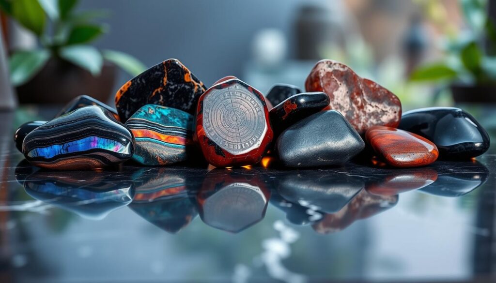 A visually stunning display of rainbow obsidian and mahogany obsidian varieties, arranged artistically on a sleek, dark marble surface. In the foreground, focus on the intricate patterns of the rainbow obsidian, showcasing its iridescent colors reflecting mesmerizing hues of violet, blue, and green, alongside the warm, rich browns and reds of mahogany obsidian. The middle ground features a soft, ambient glow emanating from beneath the stones, creating a serene and protective atmosphere. The background is softly blurred, hinting at a tranquil space with hints of nature, such as lush greenery. The lighting is dynamic, highlighting the shine and texture of the stones, capturing their unique energies. The overall mood is calm and mystical, inviting contemplation and protection against negative energy. A visually stunning display of rainbow obsidian and mahogany obsidian varieties, arranged artistically on a sleek, dark marble surface. In the foreground, focus on the intricate patterns of the rainbow obsidian, showcasing its iridescent colors reflecting mesmerizing hues of violet, blue, and green, alongside the warm, rich browns and reds of mahogany obsidian. The middle ground features a soft, ambient glow emanating from beneath the stones, creating a serene and protective atmosphere. The background is softly blurred, hinting at a tranquil space with hints of nature, such as lush greenery. The lighting is dynamic, highlighting the shine and texture of the stones, capturing their unique energies. The overall mood is calm and mystical, inviting contemplation and protection against negative energy.