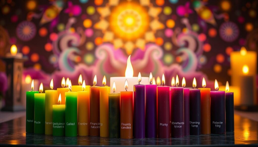 A visually stunning prosperity candle color guide, featuring an array of vibrant candles in a dazzling display. In the foreground, a cluster of candles in rich green, gold, and deep purple hues, each labeled with their corresponding meanings for abundance and financial success. The middle ground showcases a softly glowing orb of light illuminating the candles, creating a warm, inviting ambiance. In the background, a blurred mystical landscape with hints of dreamcore elements—neon colors and ethereal patterns to evoke a sense of magic and potential. The scene is lit with a soft, golden glow, while the composition has a slightly elevated angle to enhance the visual appeal. The atmosphere is one of optimism and vibrancy, drawing the viewer into the enchanting world of candle magic. A visually stunning prosperity candle color guide, featuring an array of vibrant candles in a dazzling display. In the foreground, a cluster of candles in rich green, gold, and deep purple hues, each labeled with their corresponding meanings for abundance and financial success. The middle ground showcases a softly glowing orb of light illuminating the candles, creating a warm, inviting ambiance. In the background, a blurred mystical landscape with hints of dreamcore elements—neon colors and ethereal patterns to evoke a sense of magic and potential. The scene is lit with a soft, golden glow, while the composition has a slightly elevated angle to enhance the visual appeal. The atmosphere is one of optimism and vibrancy, drawing the viewer into the enchanting world of candle magic.