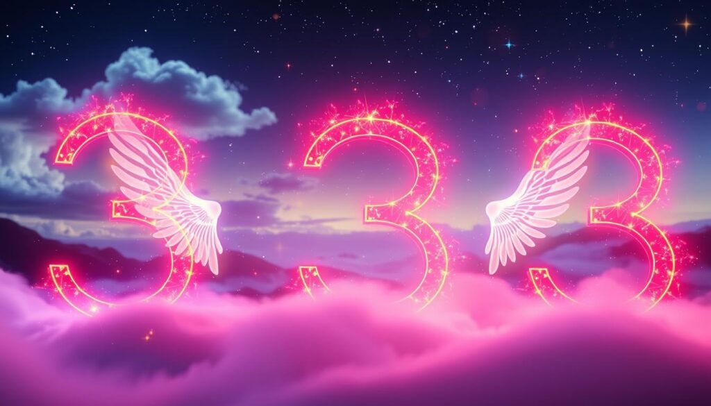 A visually stunning representation of "angel number 333" embodied in a mystical setting. In the foreground, large, luminous numbers "333" glow in radiant neon colors, surrounded by ethereal light particles. The middle ground features celestial elements, like gentle clouds and soft, wispy angel wings, suggesting the presence of Ascended Masters guiding one through spirituality. In the background, a dreamlike landscape of soft gradients and cosmic motifs creates an otherworldly atmosphere, evoking a sense of wonder and serenity. Use soft lighting that enhances the neon hues and casts gentle shadows, with a slight lens blur to add depth. Capture this scene from a slightly low angle to emphasize the grandeur of the numbers and the celestial environment. The overall mood should be uplifting and inspirational, inviting viewers to contemplate the significance of the angel number 333.