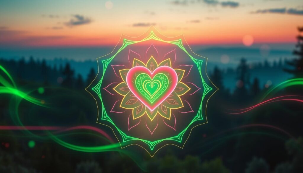 A visually stunning representation of heart chakra symbols, prominently featuring the vibrant green and pink colors associated with love and compassion. In the foreground, intricately designed chakra symbols radiate energy and light, elegantly surrounded by swirling patterns of soft neon hues, creating an ethereal glow. The middle layer showcases layered heart motifs, interspersed with delicate mandalas and petals, symbolizing the heart chakra's core themes of love and healing. In the background, a dreamy forest landscape merges into a tranquil, twilight sky, with soft bokeh effects emphasizing a sense of serenity and connection. The lighting is warm and inviting, evoking feelings of peace and emotional balance, shot with a slight tilt to convey movement and dynamism in a high-end magazine aesthetic suited for a contemporary audience. A visually stunning representation of heart chakra symbols, prominently featuring the vibrant green and pink colors associated with love and compassion. In the foreground, intricately designed chakra symbols radiate energy and light, elegantly surrounded by swirling patterns of soft neon hues, creating an ethereal glow. The middle layer showcases layered heart motifs, interspersed with delicate mandalas and petals, symbolizing the heart chakra's core themes of love and healing. In the background, a dreamy forest landscape merges into a tranquil, twilight sky, with soft bokeh effects emphasizing a sense of serenity and connection. The lighting is warm and inviting, evoking feelings of peace and emotional balance, shot with a slight tilt to convey movement and dynamism in a high-end magazine aesthetic suited for a contemporary audience.