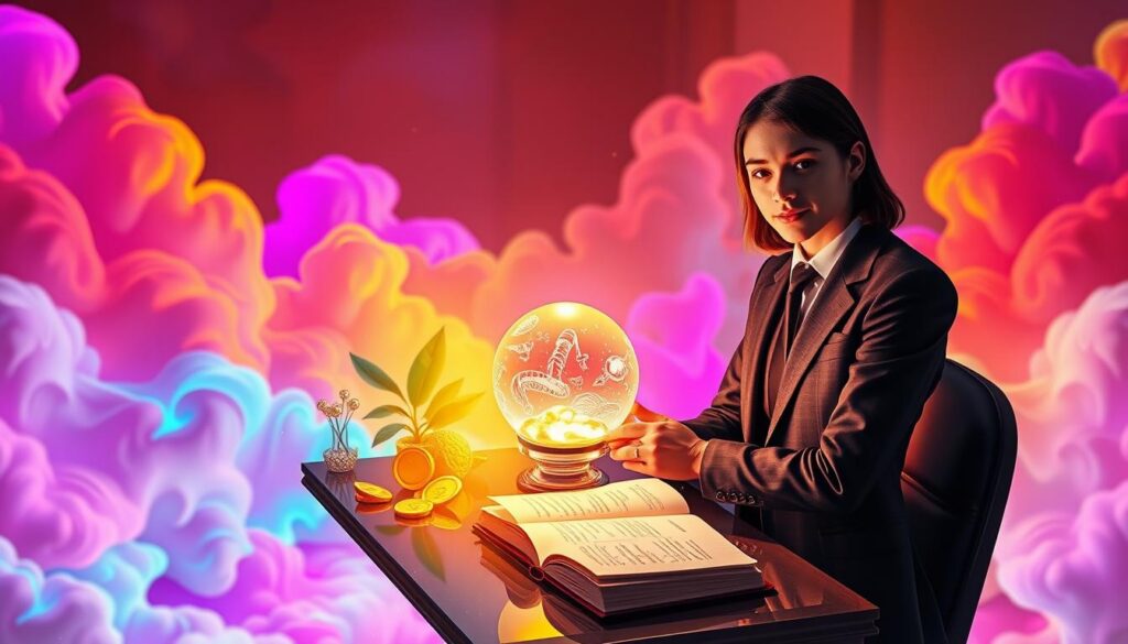A visually stunning representation of the "Intuitive Manifesting Method" in a dreamlike setting. In the foreground, a confident young adult in professional business attire stands at an elegant desk, with a glowing crystal ball and an open journal filled with sketches and notes about dreams and goals. Surrounding them, vibrant neon colors illuminate the scene, portraying a sense of energy and creativity. In the middle, ethereal symbols of abundance, like golden coins and flourishing plants, emerge from the floor, merging into a colorful abstract pattern. The background features soft, flowing shapes resembling clouds, merging in bold dreamcore styles under a warm, golden light—creating a serene yet dynamic atmosphere. Capture the essence of intuition and manifestation with a high-end magazine advertisement feel, using a slight aerial angle for a modern touch. A visually stunning representation of the "Intuitive Manifesting Method" in a dreamlike setting. In the foreground, a confident young adult in professional business attire stands at an elegant desk, with a glowing crystal ball and an open journal filled with sketches and notes about dreams and goals. Surrounding them, vibrant neon colors illuminate the scene, portraying a sense of energy and creativity. In the middle, ethereal symbols of abundance, like golden coins and flourishing plants, emerge from the floor, merging into a colorful abstract pattern. The background features soft, flowing shapes resembling clouds, merging in bold dreamcore styles under a warm, golden light—creating a serene yet dynamic atmosphere. Capture the essence of intuition and manifestation with a high-end magazine advertisement feel, using a slight aerial angle for a modern touch.