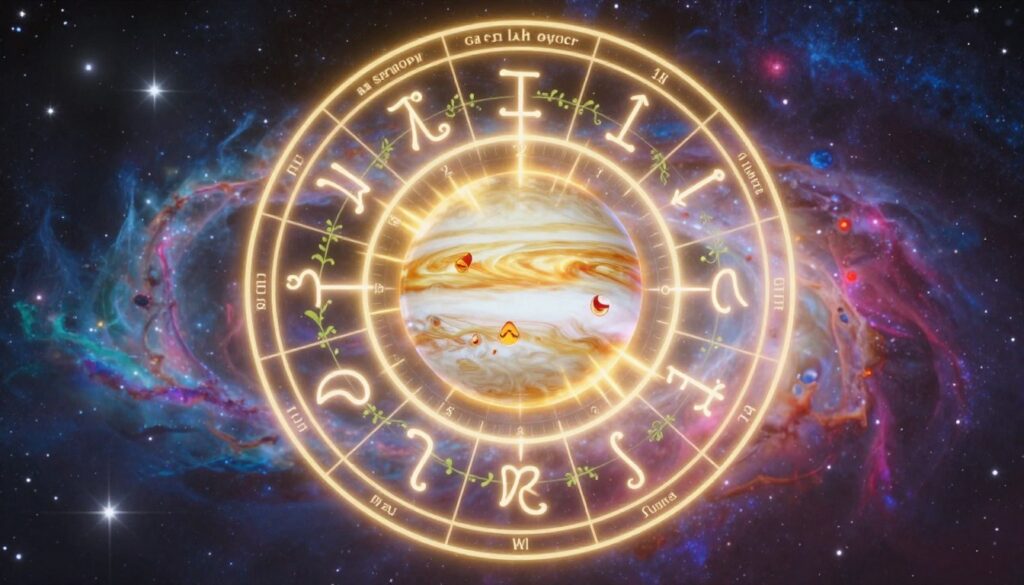 A visually stunning representation of the "astrology growth cycle," showcasing a luminous wheel divided into twelve astrological houses, each symbolizing different life phases. In the foreground, a glowing depiction of Jupiter spirals, emitting rays of golden light, signifying abundance and luck during a Jupiter return. The middle layer features ethereal zodiac symbols interconnected with delicate vines, demonstrating growth and transformation. The background is a dreamy cosmic scene filled with swirling nebulae and shining stars, enriched with vibrant neon colors that evoke a sense of magic and wonder. The overall atmosphere should feel hopeful and inspiring, capturing the essence of astrological alignment. Use soft, ethereal lighting to enhance the otherworldly feel, and apply a dreamy focus effect to the image, reminiscent of high-end magazine advertisements appealing to adult Gen Z.