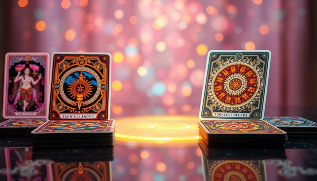 A vivid comparison image featuring a beautifully designed tarot card deck on one side and an oracle card deck on the other. The foreground highlights the details of each card, showcasing intricate artwork with neon colors and dreamcore aesthetics. In the middle, display a glowing table lightly reflecting the cards, emphasizing their unique features—such as symbols and imagery pertinent to each deck's purpose. The background can be softly blurred, filled with a mystical, ethereal glow to enhance the spiritual theme, creating an inviting atmosphere. The lighting is soft and radiant, incorporating a high-end magazine advertisement vibe. The perspective is from a slightly elevated angle, allowing a clear view of both decks without any text or distracting elements.