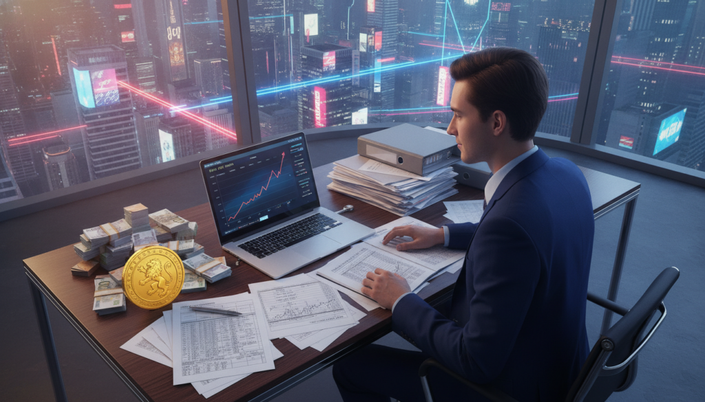 A vivid depiction of a young adult in professional attire, seated at a sleek, modern desk cluttered with financial documents and a laptop displaying graphs of rising income. In the foreground, piles of cash and a shining gold coin symbolize specific financial goals. The background features a futuristic city skyline illuminated by neon colors, creating a dynamic and aspirational atmosphere. Soft, ambient lighting casts an inviting glow, capturing a sense of ambition and determination. The camera angle is slightly elevated, providing a clear view of both the subject's focused expression and the financial elements on the desk. The mood is optimistic, inspiring, and forward-looking, perfect for illustrating the concept of manifesting wealth quickly.