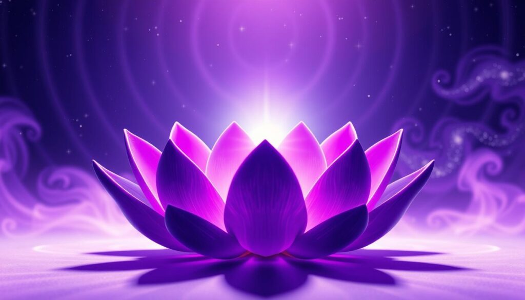 A vivid depiction of the crown chakra symbol, featuring a radiant lotus flower in deep violet and white hues, symbolizing purity and spiritual awakening. The lotus should be centered in the foreground, with the traditional eight petals elegantly arranged and glowing softly. In the background, ethereal swirls of cosmic energy and stars create a dreamlike atmosphere, emphasizing a connection to the universe. Use bright, neon colors to enhance the mystical feel, with delicate lighting that casts soft shadows and highlights the intricacies of the lotus. The composition should evoke a sense of peace, serenity, and enlightenment, suitable for a high-end magazine advertisement aimed at an adult Gen Z audience. The angle should be slightly tilted to create a dynamic perspective, drawing the viewer into the spiritual experience. A vivid depiction of the crown chakra symbol, featuring a radiant lotus flower in deep violet and white hues, symbolizing purity and spiritual awakening. The lotus should be centered in the foreground, with the traditional eight petals elegantly arranged and glowing softly. In the background, ethereal swirls of cosmic energy and stars create a dreamlike atmosphere, emphasizing a connection to the universe. Use bright, neon colors to enhance the mystical feel, with delicate lighting that casts soft shadows and highlights the intricacies of the lotus. The composition should evoke a sense of peace, serenity, and enlightenment, suitable for a high-end magazine advertisement aimed at an adult Gen Z audience. The angle should be slightly tilted to create a dynamic perspective, drawing the viewer into the spiritual experience.