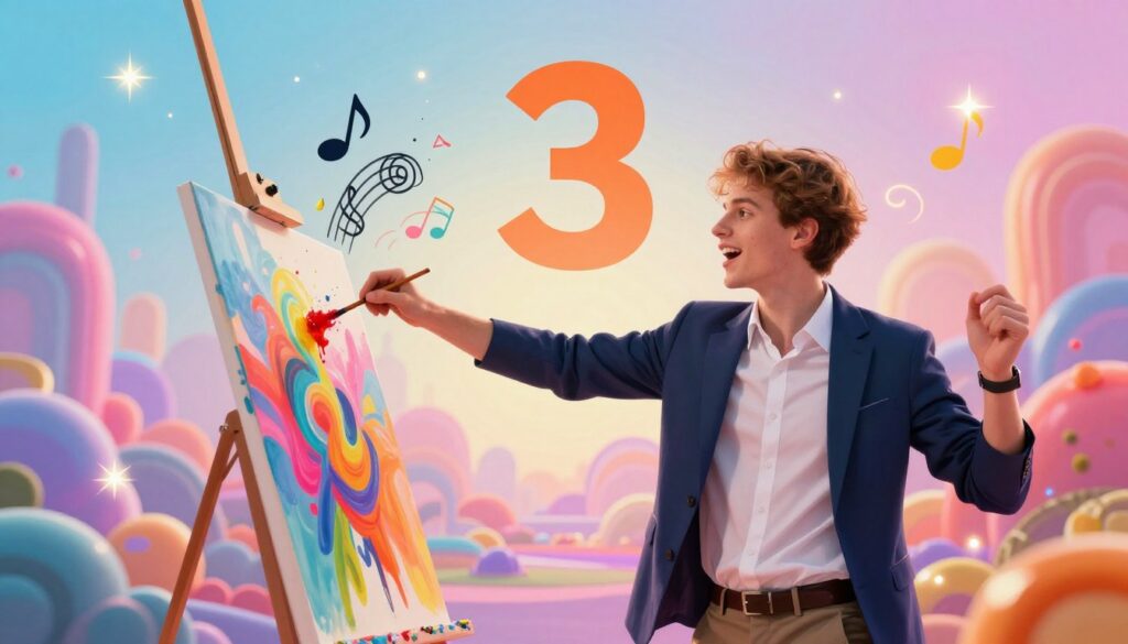 A vivid representation of Life Path Number 3, portrayed as a dynamic creative individual in a bright, neon-colored dreamcore setting. In the foreground, a young adult of Caucasian descent, dressed in stylish and professional business attire, passionately engages with a colorful abstract painting, symbolizing creativity and self-expression. In the middle ground, diverse artistic elements like musical notes, swirling paint, and scribbled ideas emerge, amplifying the theme of creative wealth. The background features ethereal, softly blurred neon landscapes, infused with ethereal stars and light flares, creating an uplifting and inspiring atmosphere. The lighting is vibrant, casting a warm glow on the scene, enhancing the sense of joy and fulfillment associated with Life Path Number 3. The overall mood is vibrant, optimistic, and motivational, inviting viewers to explore their creative potential. A vivid representation of Life Path Number 3, portrayed as a dynamic creative individual in a bright, neon-colored dreamcore setting. In the foreground, a young adult of Caucasian descent, dressed in stylish and professional business attire, passionately engages with a colorful abstract painting, symbolizing creativity and self-expression. In the middle ground, diverse artistic elements like musical notes, swirling paint, and scribbled ideas emerge, amplifying the theme of creative wealth. The background features ethereal, softly blurred neon landscapes, infused with ethereal stars and light flares, creating an uplifting and inspiring atmosphere. The lighting is vibrant, casting a warm glow on the scene, enhancing the sense of joy and fulfillment associated with Life Path Number 3. The overall mood is vibrant, optimistic, and motivational, inviting viewers to explore their creative potential.