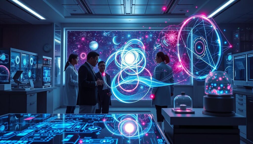 A vivid representation of "quantum physics and reality shift", featuring a sleek, futuristic laboratory in the foreground with a diverse group of scientists in professional attire examining complex holographic displays. In the middle, swirling forms of neon-colored energy and particles represent quantum fluctuations, intricately interacting and creating a sense of movement. The background reveals a window showcasing a cosmic scene with stars, galaxies, and a distant, glowing portal symbolizing alternate realities. Dramatic lighting casts ethereal reflections on surfaces, enhancing a dreamlike atmosphere filled with intrigue and possibility. Capture this scene from a slightly low angle to emphasize the grandeur of the lab and the mesmerizing quantum phenomena, evoking a high-end magazine advertisement aesthetic that resonates with an adult Gen Z audience. A vivid representation of "quantum physics and reality shift", featuring a sleek, futuristic laboratory in the foreground with a diverse group of scientists in professional attire examining complex holographic displays. In the middle, swirling forms of neon-colored energy and particles represent quantum fluctuations, intricately interacting and creating a sense of movement. The background reveals a window showcasing a cosmic scene with stars, galaxies, and a distant, glowing portal symbolizing alternate realities. Dramatic lighting casts ethereal reflections on surfaces, enhancing a dreamlike atmosphere filled with intrigue and possibility. Capture this scene from a slightly low angle to emphasize the grandeur of the lab and the mesmerizing quantum phenomena, evoking a high-end magazine advertisement aesthetic that resonates with an adult Gen Z audience.