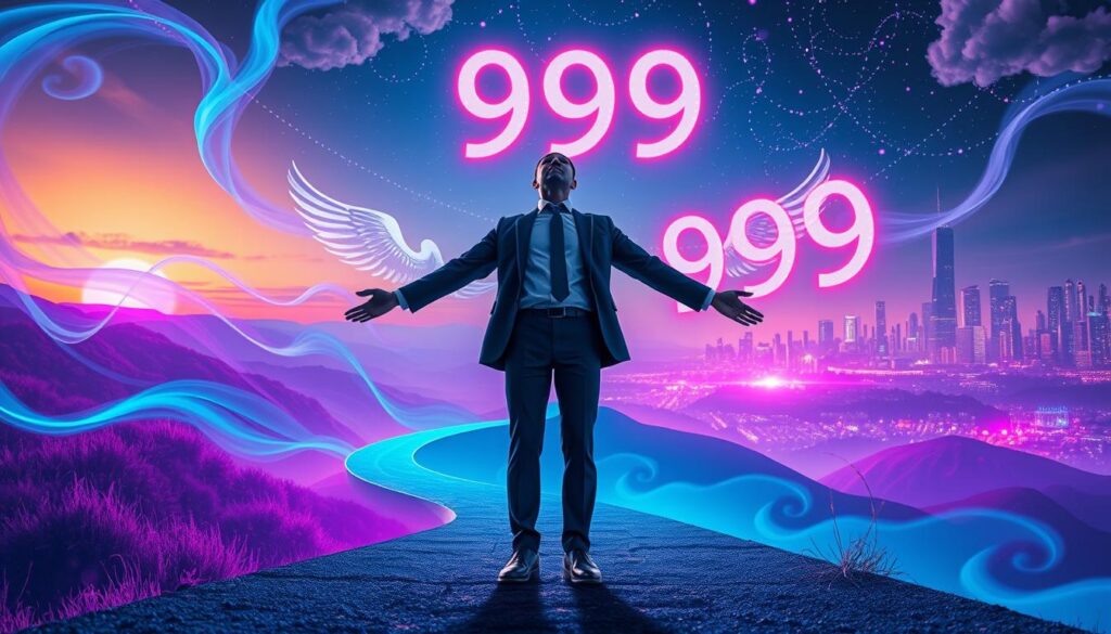 A vivid representation of the life cycle turning point, featuring a surreal dreamcore landscape. In the foreground, an ethereal figure dressed in stylish, modest business attire stands with arms outstretched, surrounded by swirling neon colors of blue, purple, and pink, symbolizing transformation and transition. The middle ground showcases a winding path dividing two contrasting environments: a serene sunset landscape on one side, representing closure, and a vibrant city skyline with dynamic energy on the other, symbolizing new beginnings. In the background, a vast sky filled with glowing angel numbers, particularly '999', creates a mystical atmosphere. The lighting is dramatic, with a focus on the figure, enhancing the sense of awakening and realization. Capture this scene from a low angle, emphasizing the grandeur of the figure against the backdrop, instilling a powerful mood of introspection and positive change.