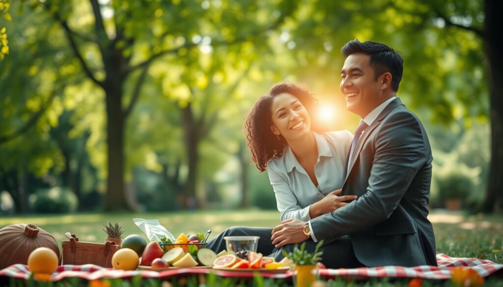 A warm, inviting scene depicting a healthy relationship reunion in a cozy park setting. In the foreground, a diverse couple in professional business attire is joyfully embracing, their expressions radiating happiness and sincerity. In the middle ground, a picnic blanket is spread out with healthy snacks like fruits and salads, symbolizing nourishment and care. The background features vibrant green trees and soft sunlight filtering through the leaves, creating a dreamy, serene atmosphere with a hint of neon colors for a modern touch. The angle is slightly elevated to capture the warmth of the moment, with gentle bokeh effects enhancing the intimate feeling. The overall mood is uplifting and hopeful, perfect for conveying the essence of a positive reunion.
