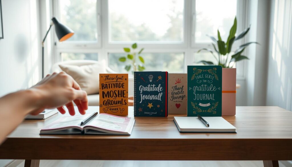 A well-lit, modern workspace featuring a selection of stylish gratitude journals displayed on a sleek wooden desk. In the foreground, a hand reaches toward a vibrant, eye-catching journal with a unique design. The middle ground includes a cozy chair with soft, plush pillows, and a small potted plant adding a touch of greenery. The background showcases a large window with soft natural light streaming in, casting gentle shadows. The atmosphere is inviting and inspiring, with a hint of motivational energy that reflects success. Use a shallow depth of field to focus on the journals, with a slight blur on the surrounding elements. Incorporate a dreamy, soft color palette with neon accents to evoke a youthful, aspirational vibe, appealing to an adult Gen Z audience. A well-lit, modern workspace featuring a selection of stylish gratitude journals displayed on a sleek wooden desk. In the foreground, a hand reaches toward a vibrant, eye-catching journal with a unique design. The middle ground includes a cozy chair with soft, plush pillows, and a small potted plant adding a touch of greenery. The background showcases a large window with soft natural light streaming in, casting gentle shadows. The atmosphere is inviting and inspiring, with a hint of motivational energy that reflects success. Use a shallow depth of field to focus on the journals, with a slight blur on the surrounding elements. Incorporate a dreamy, soft color palette with neon accents to evoke a youthful, aspirational vibe, appealing to an adult Gen Z audience.