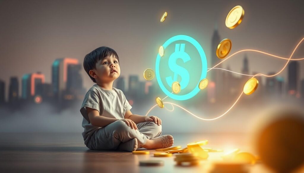 A whimsical, dreamlike scene depicting a serene child sitting cross-legged on the floor, surrounded by floating, translucent coins and gentle waves of pastel neon colors, embodying the essence of financial responses. In the foreground, the child wears modest casual clothing, with an expression of wonder and curiosity on their face. The middle ground features a soft, glowing aura emanating from the coins, representing financial abundance and growth, with gentle trails of light intertwining around them. The background showcases a futuristic cityscape in muted tones, hinting at prosperity. Soft, ethereal lighting enhances the surreal atmosphere, while a shallow depth of field focuses on the child's heartfelt connection to their inner financial self. Capture the mood of healing and discovery, evoking a sense of inner peace blended with aspirations for wealth. A whimsical, dreamlike scene depicting a serene child sitting cross-legged on the floor, surrounded by floating, translucent coins and gentle waves of pastel neon colors, embodying the essence of financial responses. In the foreground, the child wears modest casual clothing, with an expression of wonder and curiosity on their face. The middle ground features a soft, glowing aura emanating from the coins, representing financial abundance and growth, with gentle trails of light intertwining around them. The background showcases a futuristic cityscape in muted tones, hinting at prosperity. Soft, ethereal lighting enhances the surreal atmosphere, while a shallow depth of field focuses on the child's heartfelt connection to their inner financial self. Capture the mood of healing and discovery, evoking a sense of inner peace blended with aspirations for wealth.
