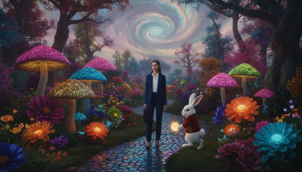 A whimsical, dreamlike scene inspired by the Alice in Wonderland method, featuring a Caucasian woman in professional business attire, standing in a surreal garden filled with oversized, colorful mushrooms and vibrant flowers. In the foreground, a whimsical, slightly crooked path leads through the enchanting landscape. The middle ground showcases a curious, anthropomorphic rabbit wearing a waistcoat and holding a pocket watch, symbolizing the concept of time. The background is filled with tall, twisted trees adorned with glowing, neon colors, creating a fantastical sky illuminated by surreal lighting. The overall mood is vibrant and imaginative, capturing the essence of a reality shift, with high-end magazine advertisement aesthetics. Use an overhead angle to enhance the ethereal atmosphere.