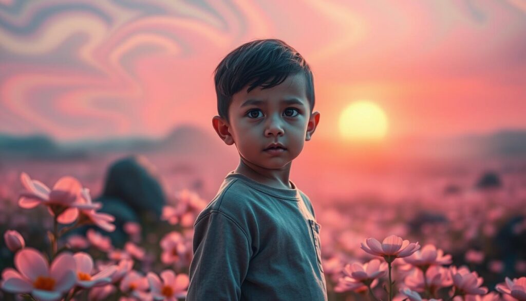 A young child with expressive features, standing alone in a vibrant, dreamlike landscape filled with swirling neon colors, representing a sense of feeling different. The child, dressed in modest casual clothing, gazes thoughtfully into the distance. In the foreground, soft pastel flowers bloom, symbolizing sensitivity and uniqueness. In the middle ground, abstract shapes and soft glows create an ethereal atmosphere, while in the background, a tranquil sunset bathes the scene in warm light, hinting at hope and purpose. The overall mood is reflective yet inspiring, suggesting a journey of self-discovery. Use a wide-angle lens to capture the expansive dreamcore environment, emphasizing the contrast between the child and the surreal surroundings. Soft, ambient lighting enhances the emotional depth of the scene.