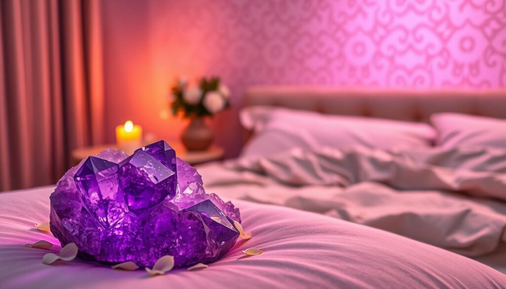 Amethyst crystal resting on a soft, plush pillow in a serene bedroom setting, with a gentle glow reflecting off its facets. The foreground features the amethyst crystal, with rich purple hues and intricate formations, surrounded by delicate white flower petals to enhance a calming atmosphere. The middle ground showcases a softly lit bedside table with a small candle flickering, casting warm shadows. In the background, there is a cozy bed draped in light, soothing linens, under a beautifully patterned wall illuminated with soft, muted neon colors. The atmosphere exudes tranquility and peacefulness, perfect for promoting sleep and relaxation. The lighting is warm and inviting, reminiscent of a high-end magazine advertisement, creating a dreamlike ambiance. Amethyst crystal resting on a soft, plush pillow in a serene bedroom setting, with a gentle glow reflecting off its facets. The foreground features the amethyst crystal, with rich purple hues and intricate formations, surrounded by delicate white flower petals to enhance a calming atmosphere. The middle ground showcases a softly lit bedside table with a small candle flickering, casting warm shadows. In the background, there is a cozy bed draped in light, soothing linens, under a beautifully patterned wall illuminated with soft, muted neon colors. The atmosphere exudes tranquility and peacefulness, perfect for promoting sleep and relaxation. The lighting is warm and inviting, reminiscent of a high-end magazine advertisement, creating a dreamlike ambiance.