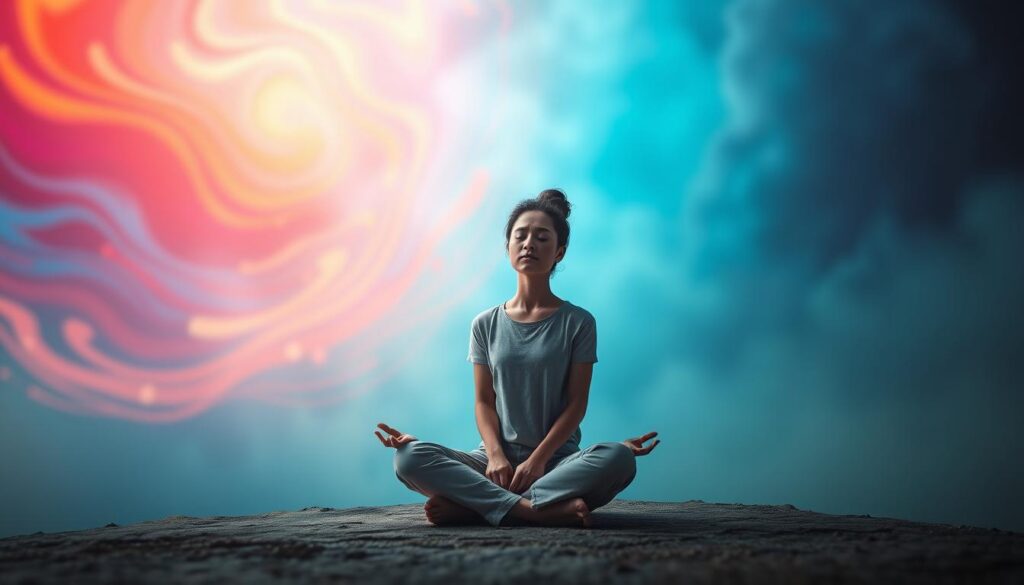 An abstract representation of emotional pain transitioning into a new state of consciousness. In the foreground, a figure sits in a meditative pose, dressed in modest casual clothing, with a serene yet pained expression. The middle ground features swirling colors in vibrant neon shades, symbolizing anxiety, transitioning gradually into softer, calming hues representing peace and consciousness. In the background, a dreamlike landscape of blurred, ethereal shapes and soft light forms a contrast to the chaotic foreground. The lighting is soft and diffuse, with a hazy glow illuminating the figure, enhancing the atmosphere of transformation. Capture this in a high-angle shot to emphasize the transition from darkness to light, creating a sense of elevation and awakening. The mood is introspective, inviting viewers to contemplate the journey from emotional turmoil to enlightened consciousness. An abstract representation of emotional pain transitioning into a new state of consciousness. In the foreground, a figure sits in a meditative pose, dressed in modest casual clothing, with a serene yet pained expression. The middle ground features swirling colors in vibrant neon shades, symbolizing anxiety, transitioning gradually into softer, calming hues representing peace and consciousness. In the background, a dreamlike landscape of blurred, ethereal shapes and soft light forms a contrast to the chaotic foreground. The lighting is soft and diffuse, with a hazy glow illuminating the figure, enhancing the atmosphere of transformation. Capture this in a high-angle shot to emphasize the transition from darkness to light, creating a sense of elevation and awakening. The mood is introspective, inviting viewers to contemplate the journey from emotional turmoil to enlightened consciousness.