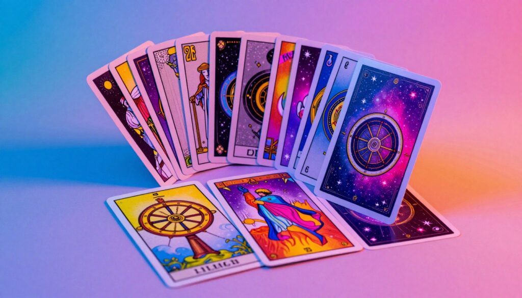 An artistic representation of a fortune card deck featuring the Wheel of Fortune tarot symbols, with detailed imagery. In the foreground, showcase vibrant tarot cards featuring intricate designs of symbols like a spinning wheel, fortune, and celestial motifs, enriched with neon colors reflecting a dreamcore aesthetic. In the middle, arrange these cards in a slightly fanned-out display on a sleek, reflective surface that catches the ambient light. The background should be a soft gradient of dreamy colors that complements the neon tones, enhancing the mystical atmosphere. Use dramatic lighting to create depth and shadow, shot from a slightly elevated angle to emphasize the card designs. Aim for a high-end magazine advertisement feel that resonates with an adult Gen Z audience. An artistic representation of a fortune card deck featuring the Wheel of Fortune tarot symbols, with detailed imagery. In the foreground, showcase vibrant tarot cards featuring intricate designs of symbols like a spinning wheel, fortune, and celestial motifs, enriched with neon colors reflecting a dreamcore aesthetic. In the middle, arrange these cards in a slightly fanned-out display on a sleek, reflective surface that catches the ambient light. The background should be a soft gradient of dreamy colors that complements the neon tones, enhancing the mystical atmosphere. Use dramatic lighting to create depth and shadow, shot from a slightly elevated angle to emphasize the card designs. Aim for a high-end magazine advertisement feel that resonates with an adult Gen Z audience.