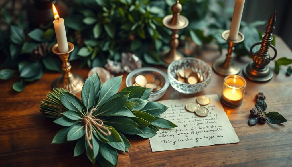 An elegantly arranged display of bay leaf ritual supplies set on a polished wooden table. In the foreground, a bundle of fresh bay leaves tied with twine, flanked by flickering candles in ornate holders, casting a warm glow. The middle ground features a small, crystal bowl filled with shimmering coins and a parchment with handwritten intentions. The background includes lush greenery and softly blurred mystical elements like crystals and an incense holder, creating an ethereal atmosphere. The lighting is soft, with a dreamlike quality, emphasizing the vibrant greens and golds of the materials. The scene exudes a sense of tranquility and abundance, perfect for a manifestation ritual. The composition is shot from a top-down angle, creating a harmonious and inviting vibe. An elegantly arranged display of bay leaf ritual supplies set on a polished wooden table. In the foreground, a bundle of fresh bay leaves tied with twine, flanked by flickering candles in ornate holders, casting a warm glow. The middle ground features a small, crystal bowl filled with shimmering coins and a parchment with handwritten intentions. The background includes lush greenery and softly blurred mystical elements like crystals and an incense holder, creating an ethereal atmosphere. The lighting is soft, with a dreamlike quality, emphasizing the vibrant greens and golds of the materials. The scene exudes a sense of tranquility and abundance, perfect for a manifestation ritual. The composition is shot from a top-down angle, creating a harmonious and inviting vibe.