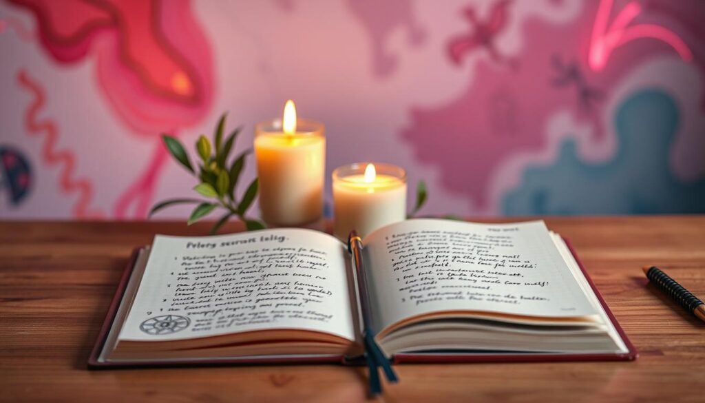 An emotionally healing journal rests open on a sleek, minimalist wooden desk, inviting the viewer to explore its pages filled with handwritten prompts. The foreground features delicate pastel-colored pages adorned with artistic doodles symbolizing introspection and growth. In the middle ground, a softly glowing candle casts a warm, inviting light, paired with fresh green plants adding life and tranquility to the scene. The background fades into abstract dreamcore elements with neon colors, creating an ethereal, surreal atmosphere. Soft, diffused lighting enhances the overall calmness, reminiscent of high-end magazine aesthetics. This image captures the essence of deep emotional healing, encouraging self-reflection and the journey of shadow work. An emotionally healing journal rests open on a sleek, minimalist wooden desk, inviting the viewer to explore its pages filled with handwritten prompts. The foreground features delicate pastel-colored pages adorned with artistic doodles symbolizing introspection and growth. In the middle ground, a softly glowing candle casts a warm, inviting light, paired with fresh green plants adding life and tranquility to the scene. The background fades into abstract dreamcore elements with neon colors, creating an ethereal, surreal atmosphere. Soft, diffused lighting enhances the overall calmness, reminiscent of high-end magazine aesthetics. This image captures the essence of deep emotional healing, encouraging self-reflection and the journey of shadow work.