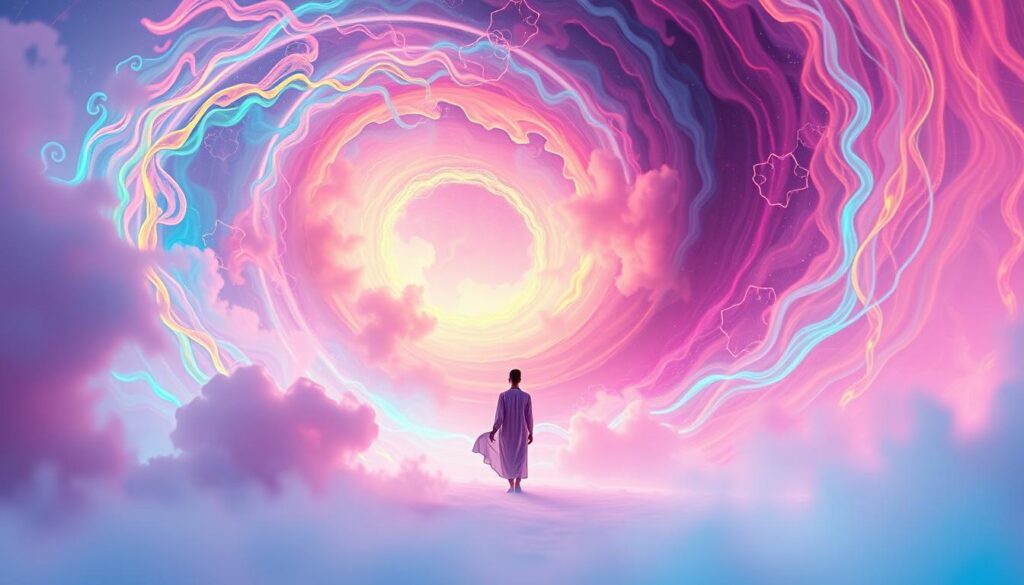 An ethereal landscape representing the concept of "ego death" features a figure emerging from a swirling vortex of vibrant neon colors, symbolizing the dissolution of self-identity. In the foreground, the figure, dressed in a flowing, modest garment that contrasts with the chaotic background, stands in a reflective pose, embodying serenity amidst transformation. The middle ground showcases abstract shapes representing thoughts and memories dissipating into the atmosphere, with soft, dreamlike textures blending seamlessly. The background is filled with luminescent tendrils and fractals that evoke a sense of freedom and awakening, illuminated by a soft, ethereal light that bathes the scene in a mystical glow, creating a tranquil yet exhilarating atmosphere, reminiscent of high-end magazine aesthetics aimed at adult Gen Z. The perspective is slightly low-angle, enhancing the feeling of upward movement and liberation.