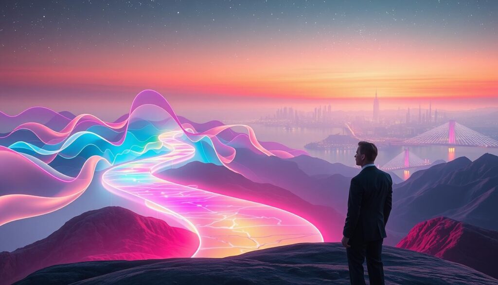 An ethereal landscape that embodies the concept of Reality Transurfing, with elements of dreamcore aesthetics. Foreground features a poised figure in professional business attire, gazing contemplatively at a glowing path that winds through shifting realities, illuminated in vibrant neon colors. In the middle ground, translucent layers of colorful, fluid shapes symbolize choices, possibilities, and life paths, gently overlapping, creating depth and intrigue. The background reveals a surreal skyline of geometric structures fading into the horizon, bathed in soft pastel hues and twinkling stars, suggesting an expansive universe of potential. The overall mood is serene yet captivating, evoking a sense of wonder and exploration, with soft lighting that enhances the dreamlike quality. Use a wide-angle lens to capture the expansive scope of the scene.