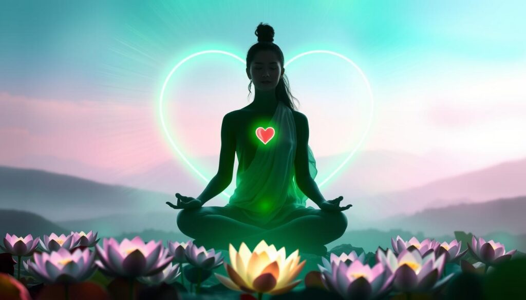 An ethereal representation of the Anahata energy center, surrounded by a vibrant heart-shaped green aura radiating soft pastel neon colors. In the foreground, delicate lotus flowers gently bloom, symbolizing love and compassion, while glass-like representations of the heart chakra vibrate with energy. The middle ground features a serene silhouette of a person seated in a meditative pose, draped in modest, flowing attire, connecting with the energy. The background showcases a dreamy, abstract landscape, blending soft gradients and gentle light, creating an inviting, harmonious atmosphere. Soft, diffused lighting enhances the tranquil mood, and the composition is captured with a slightly tilted perspective, evoking a sense of depth and introspection. The overall vibe is calming, infused with a sense of spiritual awakening and love. An ethereal representation of the Anahata energy center, surrounded by a vibrant heart-shaped green aura radiating soft pastel neon colors. In the foreground, delicate lotus flowers gently bloom, symbolizing love and compassion, while glass-like representations of the heart chakra vibrate with energy. The middle ground features a serene silhouette of a person seated in a meditative pose, draped in modest, flowing attire, connecting with the energy. The background showcases a dreamy, abstract landscape, blending soft gradients and gentle light, creating an inviting, harmonious atmosphere. Soft, diffused lighting enhances the tranquil mood, and the composition is captured with a slightly tilted perspective, evoking a sense of depth and introspection. The overall vibe is calming, infused with a sense of spiritual awakening and love.