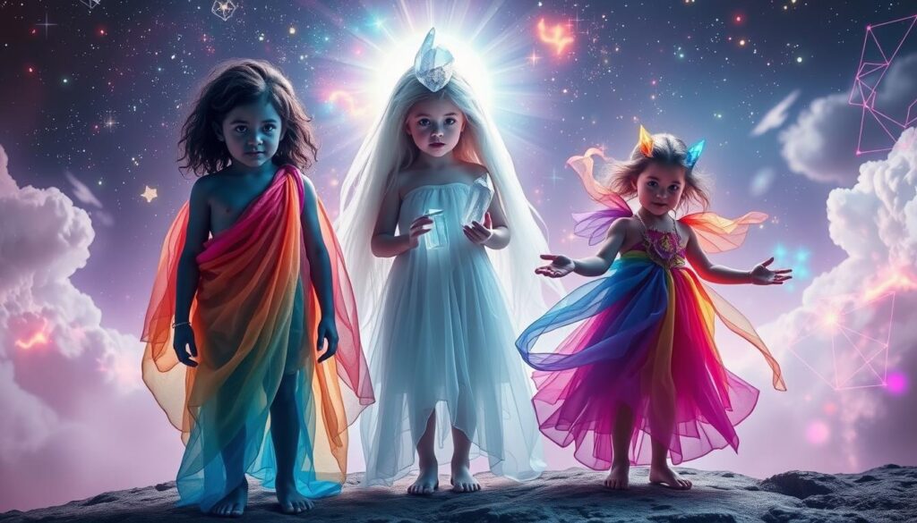 An ethereal scene showcasing three figures representing Indigo, Crystal, and Rainbow Children, each adorned in colorful, flowing garments that embody their spiritual essence. In the foreground, the Indigo Child, with deep blue aura and striking features, stands confidently, while the Crystal Child, radiating a soft white light, holds a clear quartz crystal. The Rainbow Child, vibrant with multi-colored energies, plays joyfully nearby. The background features a dreamy cosmic landscape filled with stars, nebulous clouds, and abstract geometric patterns infused with neon colors. Soft, ambient lighting enhances the mystical atmosphere, while a wide-angle lens captures the serene unity among the children, creating a sense of wonder and connection to the universe. The overall mood is one of enlightenment, harmony, and spiritual awakening.