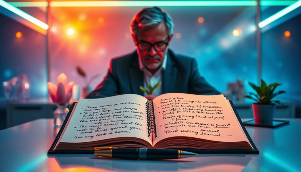 An inviting workspace is depicted in vibrant neon colors, emphasizing the concept of scripting manifestation. In the foreground, a sleek, modern desk holds a beautifully designed journal with open pages that shimmer, revealing handwritten dreams and affirmations about money, love, work, and home. A stylish fountain pen rests beside it. In the middle ground, a mature adult dressed in professional attire is intently focused on the journal, surrounded by glowing crystals and a small indoor plant to symbolize growth. The background showcases an ethereal, dream-like environment with soft, dreamy lights blending together, enhancing the magical atmosphere. The overall mood is inspiring and optimistic, with a cinematic lens effect that highlights the journal while softly blurring the surroundings, creating a sense of depth and focus on manifestation.