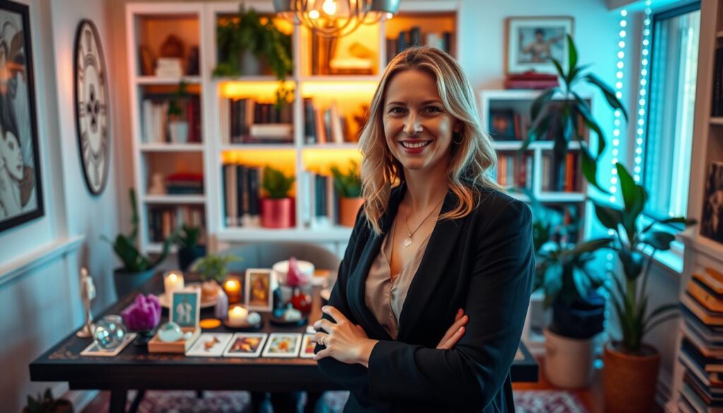 Brigit Esselmont, founder of Biddy Tarot, stands confidently in an elegant workspace filled with tarot cards and crystals, embodying a spirit of intuitive wisdom. She wears a stylish, professional outfit that reflects her modern and approachable demeanor. The foreground captures her engaging smile, with soft, warm lighting highlighting her features. In the middle ground, a beautifully arranged table displays various tarot decks, surrounded by vibrant plants that add depth and energy to the scene. The background features a softly illuminated bookshelf filled with spiritual literature, enhancing the mood of enlightenment and creativity. The overall atmosphere is inviting and inspiring, with touches of dreamcore aesthetics and neon colors subtly integrated into the decor, creating a high-end magazine advertisement feel suitable for a professional audience. Brigit Esselmont, founder of Biddy Tarot, stands confidently in an elegant workspace filled with tarot cards and crystals, embodying a spirit of intuitive wisdom. She wears a stylish, professional outfit that reflects her modern and approachable demeanor. The foreground captures her engaging smile, with soft, warm lighting highlighting her features. In the middle ground, a beautifully arranged table displays various tarot decks, surrounded by vibrant plants that add depth and energy to the scene. The background features a softly illuminated bookshelf filled with spiritual literature, enhancing the mood of enlightenment and creativity. The overall atmosphere is inviting and inspiring, with touches of dreamcore aesthetics and neon colors subtly integrated into the decor, creating a high-end magazine advertisement feel suitable for a professional audience.