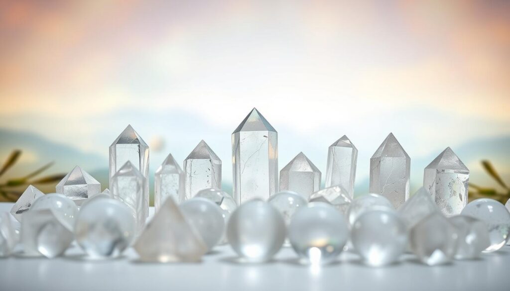 Clear quartz crystal varieties displayed prominently in a soft-focus foreground, showcasing diverse shapes like points, clusters, and polished spheres, glimmering with light reflections. The middle ground features a subtle, dreamy landscape with ethereal colors, reminiscent of a serene natural setting, hinting at spiritual energy. A gentle, pastel-colored gradient fills the background, contributing to a calming atmosphere. Use soft, diffused lighting to highlight the transparency and clarity of the crystals, with a focus on their striking internal patterns and inclusions. Capture the scene from a slightly elevated angle to offer depth and dimension, creating a compelling visual that embodies clarity and healing energy, ideal for an upscale magazine aesthetic appealing to a young, modern audience. Clear quartz crystal varieties displayed prominently in a soft-focus foreground, showcasing diverse shapes like points, clusters, and polished spheres, glimmering with light reflections. The middle ground features a subtle, dreamy landscape with ethereal colors, reminiscent of a serene natural setting, hinting at spiritual energy. A gentle, pastel-colored gradient fills the background, contributing to a calming atmosphere. Use soft, diffused lighting to highlight the transparency and clarity of the crystals, with a focus on their striking internal patterns and inclusions. Capture the scene from a slightly elevated angle to offer depth and dimension, creating a compelling visual that embodies clarity and healing energy, ideal for an upscale magazine aesthetic appealing to a young, modern audience.