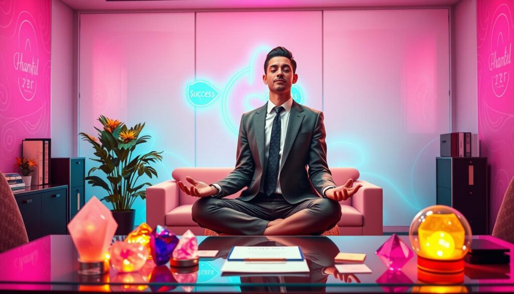 Create a vibrant dreamcore-inspired scene that captures the essence of visualization affirmations and career manifestation. In the foreground, depict an elegantly furnished office space with a stylish desk adorned with colorful affirmation cards and crystals, radiating positive energy. In the middle ground, visualize a confident adult Gen Z individual dressed in smart business attire, deeply engaged in a meditative pose, surrounded by glowing neon symbols representing success and gratitude. The background should feature softly lit abstract patterns in pastel hues that evoke a sense of serenity and aspiration. Use dramatic lighting to highlight the subject and create a warm, inviting atmosphere, reminiscent of a high-end magazine advertisement. Emphasize a feeling of empowerment and creativity throughout the composition, avoiding any additional text or distractions. Create a vibrant dreamcore-inspired scene that captures the essence of visualization affirmations and career manifestation. In the foreground, depict an elegantly furnished office space with a stylish desk adorned with colorful affirmation cards and crystals, radiating positive energy. In the middle ground, visualize a confident adult Gen Z individual dressed in smart business attire, deeply engaged in a meditative pose, surrounded by glowing neon symbols representing success and gratitude. The background should feature softly lit abstract patterns in pastel hues that evoke a sense of serenity and aspiration. Use dramatic lighting to highlight the subject and create a warm, inviting atmosphere, reminiscent of a high-end magazine advertisement. Emphasize a feeling of empowerment and creativity throughout the composition, avoiding any additional text or distractions.