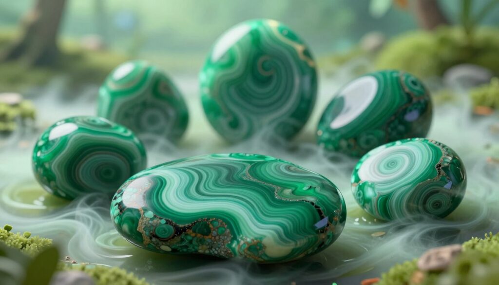 Create a visually captivating image of intricate green stone patterns inspired by malachite, showcasing its unique swirls and bands. In the foreground, highlight a smooth, polished malachite stone with rich, vibrant green hues and contrasting dark lines that emphasize its natural beauty. In the middle ground, arrange a collection of smaller malachite stones, each displaying distinct formations, surrounded by soft, ethereal lighting that creates a mystical glow. The background should feature a blurred, dreamy landscape with hints of lush greenery that evokes a sense of transformation and renewal. Utilize soft, diffused lighting to enhance the texture and color of the stones, capturing a serene and inspiring mood suitable for a high-end magazine. The angle should be slightly above eye level, allowing a clear view of the details and patterns while maintaining an artistic flair. Create a visually captivating image of intricate green stone patterns inspired by malachite, showcasing its unique swirls and bands. In the foreground, highlight a smooth, polished malachite stone with rich, vibrant green hues and contrasting dark lines that emphasize its natural beauty. In the middle ground, arrange a collection of smaller malachite stones, each displaying distinct formations, surrounded by soft, ethereal lighting that creates a mystical glow. The background should feature a blurred, dreamy landscape with hints of lush greenery that evokes a sense of transformation and renewal. Utilize soft, diffused lighting to enhance the texture and color of the stones, capturing a serene and inspiring mood suitable for a high-end magazine. The angle should be slightly above eye level, allowing a clear view of the details and patterns while maintaining an artistic flair.
