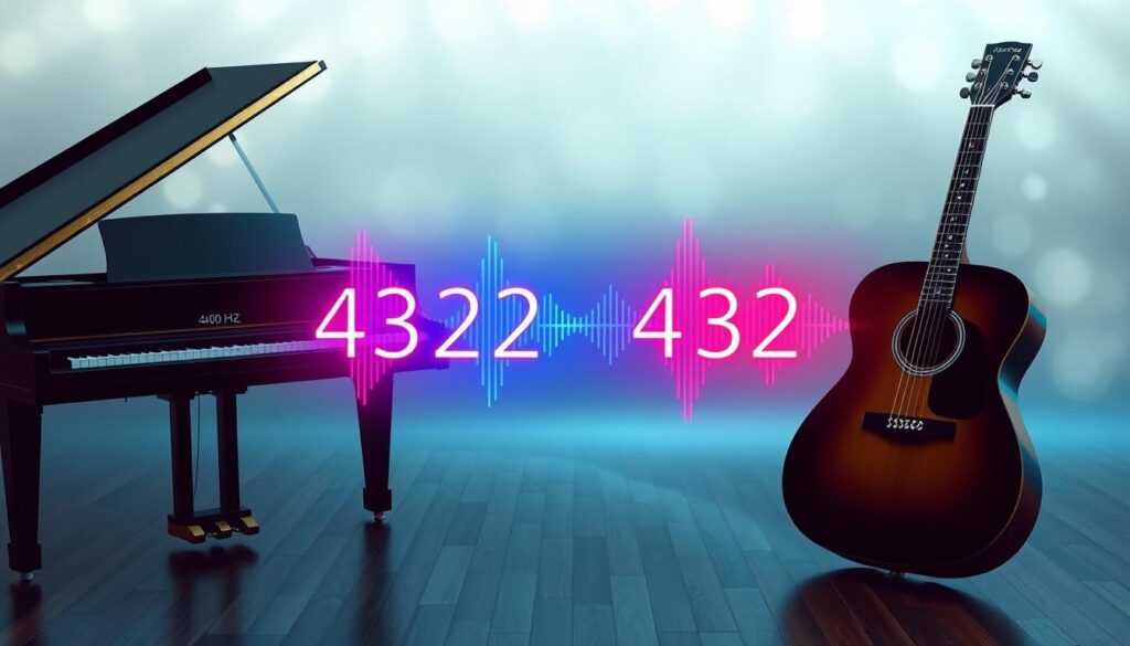 Create a visually striking comparison of standard 440 Hz tuning and 432 Hz tuning, presented in a dreamcore aesthetic. In the foreground, depict two elegant musical instruments—a piano and a guitar—each labeled with their corresponding tuning frequencies. The middle ground should feature a sound wave graphic that visually distinguishes the two tunings, with vibrant neon colors highlighting the 432 Hz wave in a calming blue and the 440 Hz in a bright red. The background should have an abstract, ethereal atmosphere with soft, diffused lighting creating a sense of harmony and connection. The angle should be slightly elevated to provide a dynamic perspective, emphasizing the contrast between the two tunings. The overall mood should evoke a sense of wonder and curiosity, appealing to a young, modern audience. Create a visually striking comparison of standard 440 Hz tuning and 432 Hz tuning, presented in a dreamcore aesthetic. In the foreground, depict two elegant musical instruments—a piano and a guitar—each labeled with their corresponding tuning frequencies. The middle ground should feature a sound wave graphic that visually distinguishes the two tunings, with vibrant neon colors highlighting the 432 Hz wave in a calming blue and the 440 Hz in a bright red. The background should have an abstract, ethereal atmosphere with soft, diffused lighting creating a sense of harmony and connection. The angle should be slightly elevated to provide a dynamic perspective, emphasizing the contrast between the two tunings. The overall mood should evoke a sense of wonder and curiosity, appealing to a young, modern audience.
