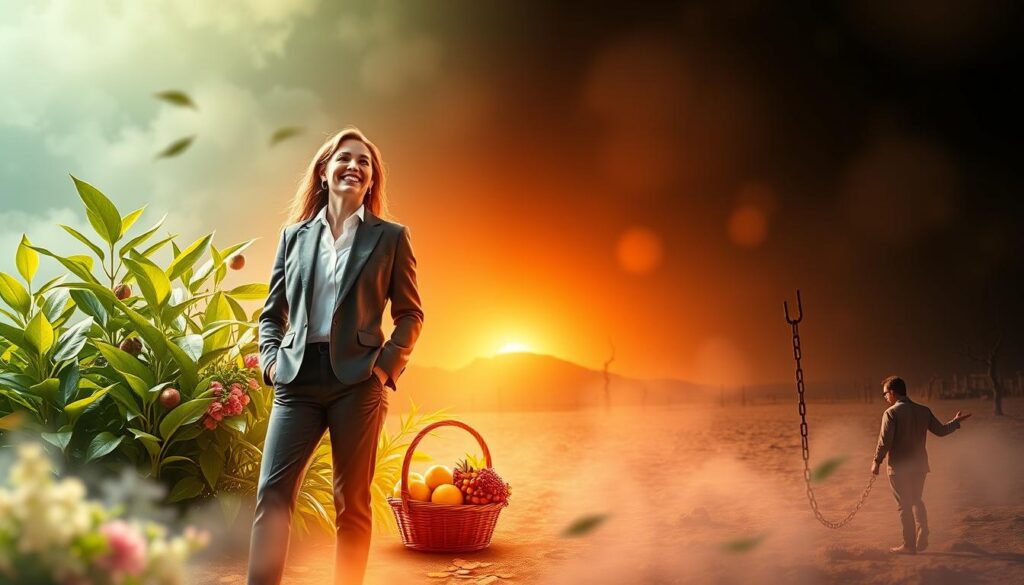 Create a visually striking image comparing abundance mindset and scarcity mindset. In the foreground, depict two contrasting figures: one embodying abundance, dressed in stylish, professional attire, radiating confidence and joy, surrounded by vibrant green plants and golden light, symbolizing growth and opportunities. The other figure, representing scarcity, appears in modest attire, looking contemplative and somewhat restrained, bathed in darker hues with barren surroundings, signifying limitations and challenges. In the middle ground, include symbolic elements like overflowing baskets of fruits and flowers for abundance, while showing empty vessels or chains for scarcity. The background should feature a dreamlike landscape with neon colors, blending lush, positive imagery on one side and muted, stark elements on the other. Utilize soft, ethereal lighting to create an inviting yet thought-provoking atmosphere, similar to a high-end magazine advertisement, targeting an adult Gen Z audience. Create a visually striking image comparing abundance mindset and scarcity mindset. In the foreground, depict two contrasting figures: one embodying abundance, dressed in stylish, professional attire, radiating confidence and joy, surrounded by vibrant green plants and golden light, symbolizing growth and opportunities. The other figure, representing scarcity, appears in modest attire, looking contemplative and somewhat restrained, bathed in darker hues with barren surroundings, signifying limitations and challenges. In the middle ground, include symbolic elements like overflowing baskets of fruits and flowers for abundance, while showing empty vessels or chains for scarcity. The background should feature a dreamlike landscape with neon colors, blending lush, positive imagery on one side and muted, stark elements on the other. Utilize soft, ethereal lighting to create an inviting yet thought-provoking atmosphere, similar to a high-end magazine advertisement, targeting an adult Gen Z audience.