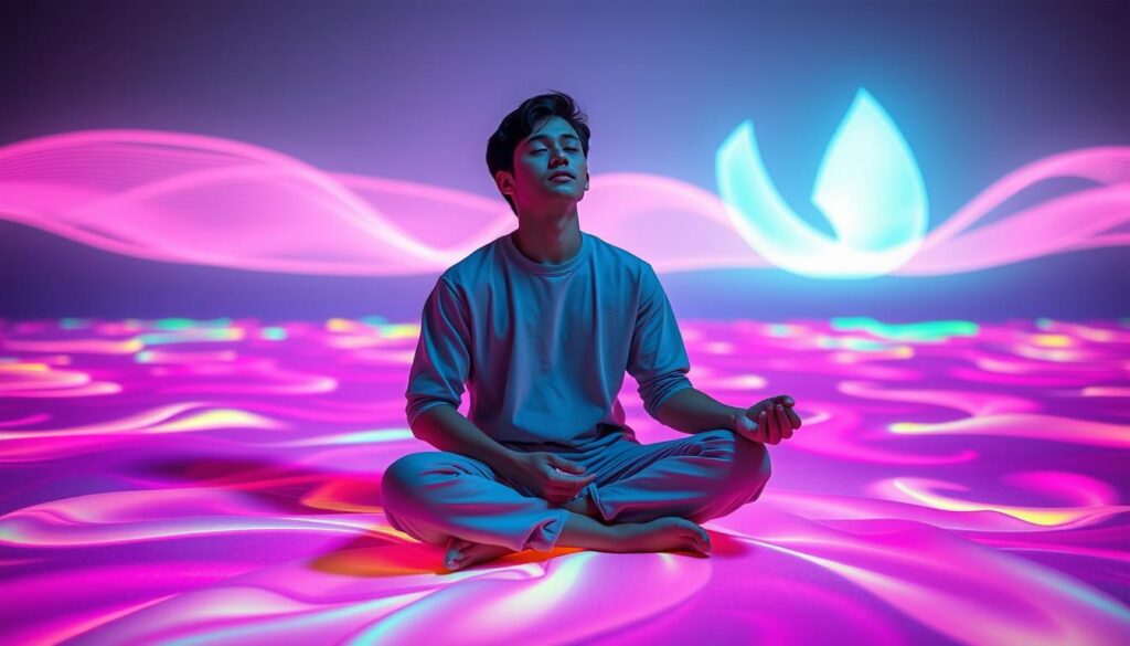 Create an image that encapsulates "present moment awareness" through a serene, dreamlike landscape. In the foreground, a young adult dressed in modest casual clothing sits cross-legged on a vibrant, flowing carpet of soft neon colors, symbolizing tranquility and mindfulness. Their expression is peaceful, eyes closed, immersed in deep contemplation. In the middle ground, gentle waves of colorful light ripple outward, creating a sense of connection and energy. The background features ethereal, abstract shapes illuminated by soft, diffused lighting that suggests a transcendent space. Capture this scene from a slightly elevated angle, emphasizing the sense of depth and immersion. The overall mood should evoke a feeling of calmness and clarity, inviting viewers to experience the richness of living in the present moment. Create an image that encapsulates "present moment awareness" through a serene, dreamlike landscape. In the foreground, a young adult dressed in modest casual clothing sits cross-legged on a vibrant, flowing carpet of soft neon colors, symbolizing tranquility and mindfulness. Their expression is peaceful, eyes closed, immersed in deep contemplation. In the middle ground, gentle waves of colorful light ripple outward, creating a sense of connection and energy. The background features ethereal, abstract shapes illuminated by soft, diffused lighting that suggests a transcendent space. Capture this scene from a slightly elevated angle, emphasizing the sense of depth and immersion. The overall mood should evoke a feeling of calmness and clarity, inviting viewers to experience the richness of living in the present moment.