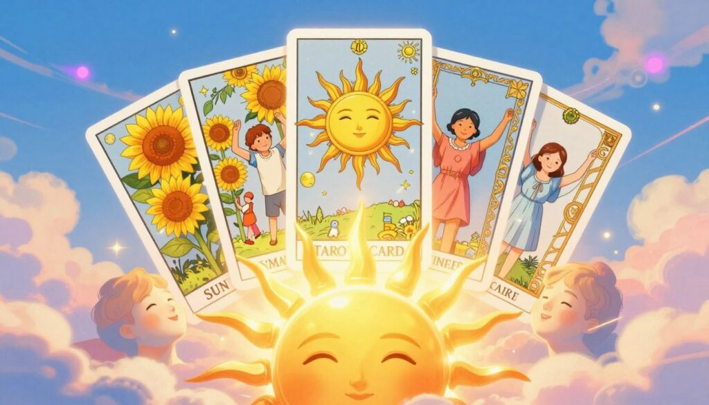 Create an imaginative illustration of the "Sun Tarot Card" symbols set against a vibrant backdrop. In the foreground, depict the sun radiating strong, golden beams, encircled by playful, ethereal faces symbolizing joy and success. In the middle layer, incorporate the traditional tarot imagery such as sunflowers, children playing, and a large, majestic sun card adorned with intricate patterns. The background should be a dreamlike landscape with a bright blue sky, fluffy clouds in pastel hues, and a hint of abstract neon elements to evoke a modern, high-end aesthetic. Use soft, glowing lighting to enhance the warmth and positivity of the scene, suggesting an atmosphere of absolute joy and success while maintaining a polished, magazine-quality finish. Create an imaginative illustration of the "Sun Tarot Card" symbols set against a vibrant backdrop. In the foreground, depict the sun radiating strong, golden beams, encircled by playful, ethereal faces symbolizing joy and success. In the middle layer, incorporate the traditional tarot imagery such as sunflowers, children playing, and a large, majestic sun card adorned with intricate patterns. The background should be a dreamlike landscape with a bright blue sky, fluffy clouds in pastel hues, and a hint of abstract neon elements to evoke a modern, high-end aesthetic. Use soft, glowing lighting to enhance the warmth and positivity of the scene, suggesting an atmosphere of absolute joy and success while maintaining a polished, magazine-quality finish.