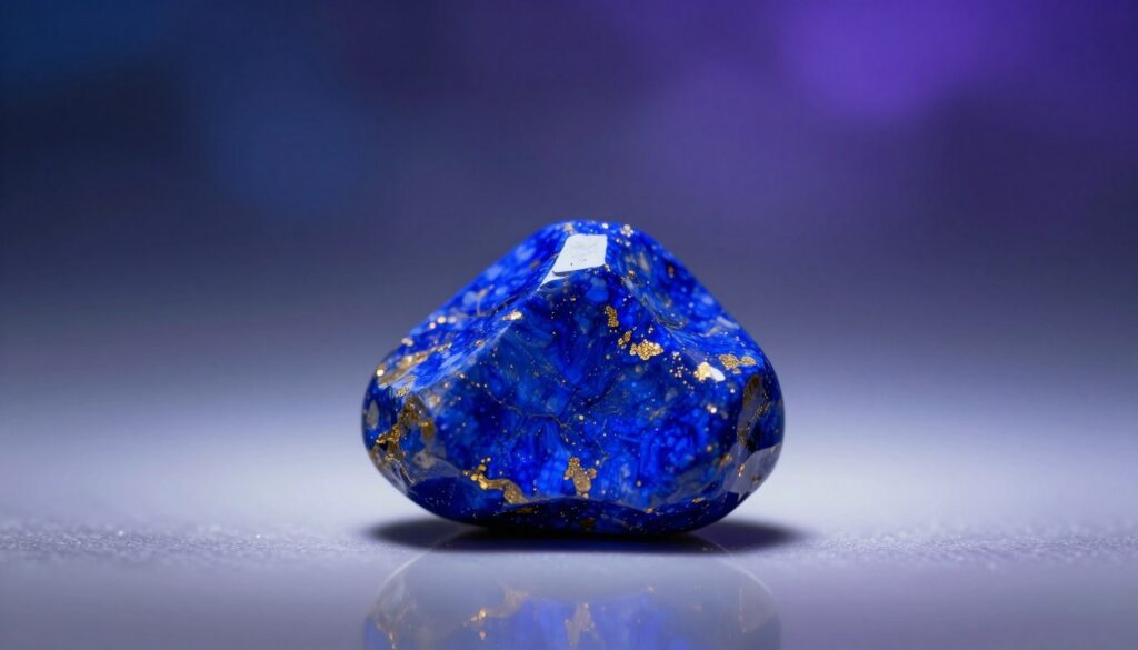 Deep blue gemstone, specifically a lapis lazuli, resting on a smooth, reflective surface with intricate golden flecks shimmering throughout. In the foreground, the gemstone is magnified, capturing the rich, velvety texture and deep azure color that evokes a sense of tranquility and introspection. In the middle ground, soft, ethereal light emanates from the gemstone, casting subtle shadows that enhance its multifaceted nature. The background features a dreamlike gradient of deep blues and purples, evoking a cosmic atmosphere that suggests spiritual journeys and past lives. The overall mood is serene and mystical, with a hint of sophistication, reminiscent of high-end magazine advertisements aimed at an adult Gen Z audience. The lighting is soft and diffuse, creating a calming yet illuminating effect, ideal for reflection and meditation. Deep blue gemstone, specifically a lapis lazuli, resting on a smooth, reflective surface with intricate golden flecks shimmering throughout. In the foreground, the gemstone is magnified, capturing the rich, velvety texture and deep azure color that evokes a sense of tranquility and introspection. In the middle ground, soft, ethereal light emanates from the gemstone, casting subtle shadows that enhance its multifaceted nature. The background features a dreamlike gradient of deep blues and purples, evoking a cosmic atmosphere that suggests spiritual journeys and past lives. The overall mood is serene and mystical, with a hint of sophistication, reminiscent of high-end magazine advertisements aimed at an adult Gen Z audience. The lighting is soft and diffuse, creating a calming yet illuminating effect, ideal for reflection and meditation.