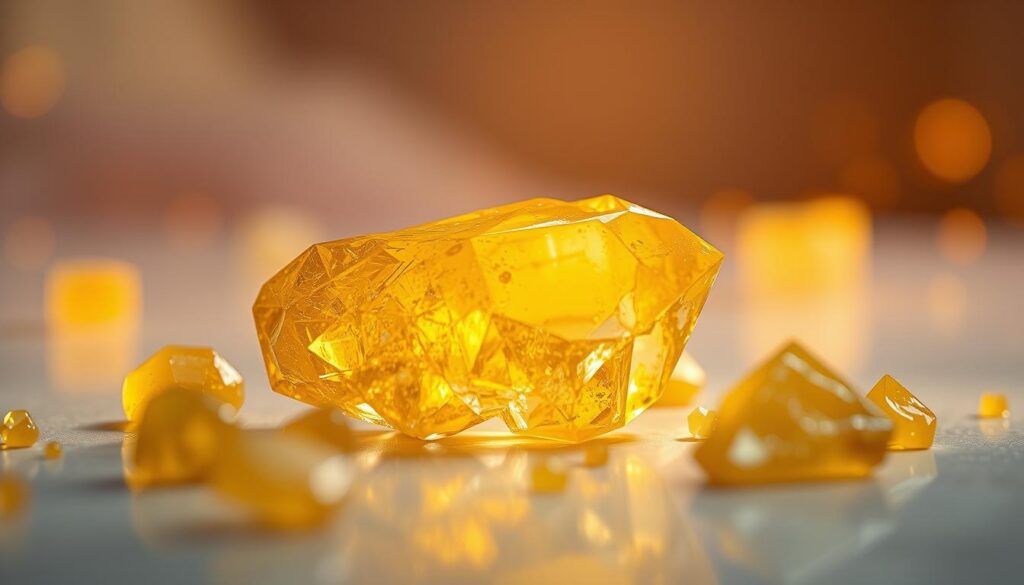Foreground: A close-up of a stunning piece of citrine crystal, showcasing its vibrant yellow hues and intricate facets, surrounded by smaller pieces of yellow quartz. Middle: A soft, reflective surface that highlights the crystals, giving them a luminous quality. Background: A softly blurred, dreamlike landscape with hints of pastel colors and abstract shapes that evoke a sense of calm and tranquility. Lighting: Warm, golden backlighting that enhances the natural color of the citrine while casting gentle shadows to add depth. Mood and atmosphere: A serene, luxurious vibe reminiscent of a high-end magazine advertisement, appealing to an adult Gen Z audience. Perspective: Captured with a macro lens from a slight upward angle, emphasizing the beauty and properties of the citrine and quartz. Foreground: A close-up of a stunning piece of citrine crystal, showcasing its vibrant yellow hues and intricate facets, surrounded by smaller pieces of yellow quartz. Middle: A soft, reflective surface that highlights the crystals, giving them a luminous quality. Background: A softly blurred, dreamlike landscape with hints of pastel colors and abstract shapes that evoke a sense of calm and tranquility. Lighting: Warm, golden backlighting that enhances the natural color of the citrine while casting gentle shadows to add depth. Mood and atmosphere: A serene, luxurious vibe reminiscent of a high-end magazine advertisement, appealing to an adult Gen Z audience. Perspective: Captured with a macro lens from a slight upward angle, emphasizing the beauty and properties of the citrine and quartz.