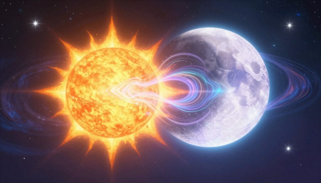 Foreground: A dynamic interplay of solar and lunar eclipse symbols, with the sun radiating bright, neon yellow and orange hues, while the moon is depicted in soft pastel tones of lavender and blue, creating a vivid contrast. Middle ground: Ethereal waves of energy swirling between the sun and moon, illustrated with glowing, iridescent patterns that suggest movement and transformation. Background: A mystical cosmic sky filled with twinkling stars and deep, swirling galaxies, enhancing the celestial atmosphere. Lighting: Soft backlighting highlighting the symbols, with radiant flares from the sun and a gentle glow from the moon. Angle: An immersive perspective from below, making the symbols appear prominently overhead, enveloped in a dreamcore aesthetic. Overall mood: Intriguing and energetic, evoking a sense of wonder and caution about harnessing eclipse energy.