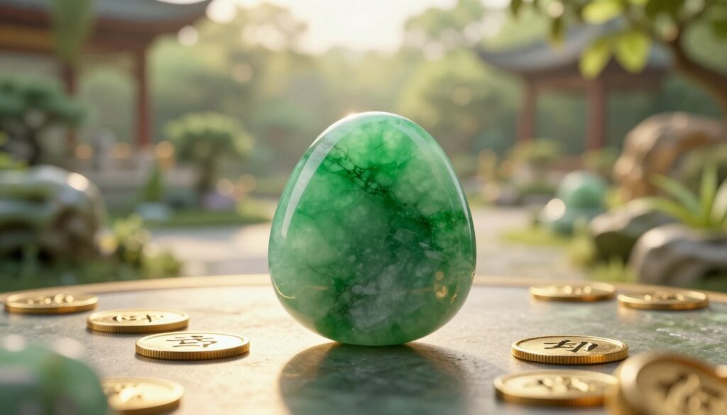 Foreground: A polished jadeite nephrite gemstone, meticulously placed on a reflective surface, showcasing its rich green hues and natural inclusions. Middle: Surrounding the gemstone, elegantly arranged a few delicate gold coins and intricate Asian-inspired symbols of prosperity, subtly hinting at wealth. Background: A softly blurred landscape of an opulent jade garden, with lush greenery and gentle sunlight filtering through, creating a serene and tranquil atmosphere. Lighting: Warm, inviting golden hour light, enhancing the gemstone's vibrant colors and casting soft shadows. Lens: A shallow depth of field to create a dreamy effect. Mood: An enchanting, luxurious vibe that captures the essence of prosperity and abundance, appealing to an adult Gen Z audience with stylish visuals reminiscent of a high-end magazine advertisement.