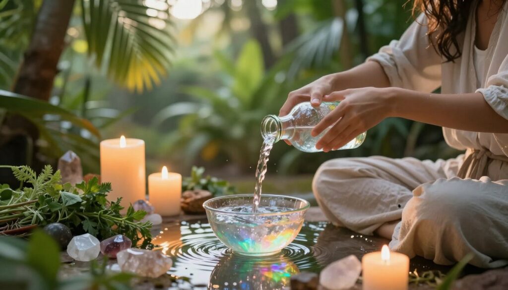 Foreground: A serene figure practicing a spiritual cleansing routine, dressed in modest casual clothing, gently pouring Florida water from a decorative glass bottle into a small bowl. The figure's expression is tranquil, embodying a sense of peace and calmness. Middle: Surrounding the figure are various elements associated with cleansing, such as fresh herbs, crystals, and candles that emit a soft, warm glow. Spilled Florida water creates gentle ripples in the bowl, reflecting soft neon colors that enhance the dreamlike quality of the scene. Background: A lush, tropical environment typical of Florida, with vibrant greenery and hints of early morning light filtering through palm leaves. The lighting is warm and inviting, creating an ethereal atmosphere. Mood: The overall ambiance is peaceful and rejuvenating, capturing the essence of spiritual cleansing and the gentle power of Florida water in a beautifully harmonious setting.