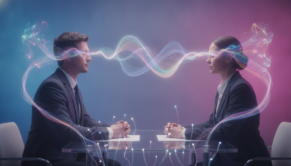 In a dreamcore-inspired scene, visualize two adults in professional business attire, seated at a sleek, modern desk, surrounded by a glow of soft neon colors. Their eyes are closed, and shimmering waves of colorful light are flowing seamlessly between them, symbolizing a powerful mental connection. The foreground features ethereal tendrils of light, representing intuitive signals, extending toward each subject. In the middle, surreal abstract shapes convey the depth of their telepathic bond, with hints of fractal patterns implying thought exchange. The background is softly blurred with hues of deep blue and electric pink, creating an otherworldly atmosphere. Soft ambient lighting casts gentle glows, enhancing the mood of introspection and connection, all captured with a soft focus lens to evoke tranquility and depth. In a dreamcore-inspired scene, visualize two adults in professional business attire, seated at a sleek, modern desk, surrounded by a glow of soft neon colors. Their eyes are closed, and shimmering waves of colorful light are flowing seamlessly between them, symbolizing a powerful mental connection. The foreground features ethereal tendrils of light, representing intuitive signals, extending toward each subject. In the middle, surreal abstract shapes convey the depth of their telepathic bond, with hints of fractal patterns implying thought exchange. The background is softly blurred with hues of deep blue and electric pink, creating an otherworldly atmosphere. Soft ambient lighting casts gentle glows, enhancing the mood of introspection and connection, all captured with a soft focus lens to evoke tranquility and depth.