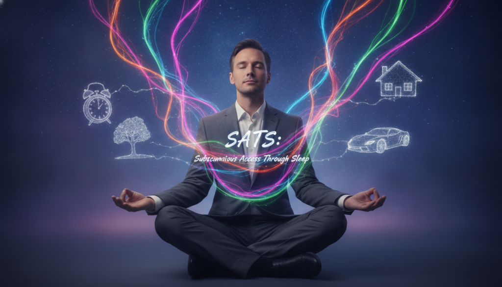 In a dreamlike setting, a Caucasian adult in professional business attire meditates peacefully in the foreground, their eyes gently closed, embodying the essence of Neville Goddard's SATS technique. Vibrant neon colors swirl around them, creating a surreal atmosphere that symbolizes the connection to the subconscious mind. The middle ground features ethereal shapes and flowing light patterns, representing thoughts and dreams manifesting. In the background, a soft gradient of deep blues and purples fades into a starry night sky, enhancing the mystical ambiance. The lighting is soft and diffused, casting a serene glow on the subject. The overall mood is tranquil and introspective, inviting viewers to reflect on the power of their subconscious mind during sleep. In a dreamlike setting, a Caucasian adult in professional business attire meditates peacefully in the foreground, their eyes gently closed, embodying the essence of Neville Goddard's SATS technique. Vibrant neon colors swirl around them, creating a surreal atmosphere that symbolizes the connection to the subconscious mind. The middle ground features ethereal shapes and flowing light patterns, representing thoughts and dreams manifesting. In the background, a soft gradient of deep blues and purples fades into a starry night sky, enhancing the mystical ambiance. The lighting is soft and diffused, casting a serene glow on the subject. The overall mood is tranquil and introspective, inviting viewers to reflect on the power of their subconscious mind during sleep.