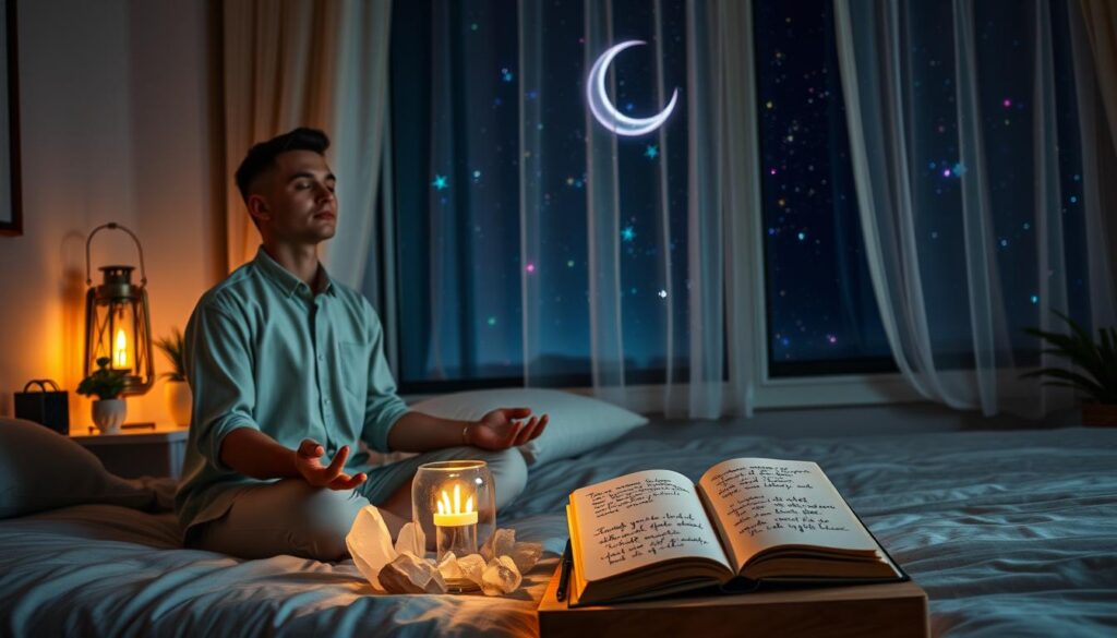 In a serene bedroom setting, create a cozy nighttime atmosphere with a soft glowing lantern casting warm, inviting light. In the foreground, a stylish, elegantly dressed adult Gen Z individual sits cross-legged on a plush bed, softly illuminated, with their eyes closed in peaceful meditation. Their face reflects tranquility and focus, embodying the essence of nighttime affirmations for abundance. In the middle ground, a beautifully crafted wooden bedside table holds an open journal filled with handwritten affirmations, surrounded by glowing crystals and calming plants. The background features a window with sheer curtains, revealing a starry night sky filled with vibrant neon stars and a crescent moon, contributing to a sense of dreaminess and inspiration. Use a soft focus lens to enhance the calming aura, creating an inviting, motivational mood that resonates with the theme of manifesting abundance.