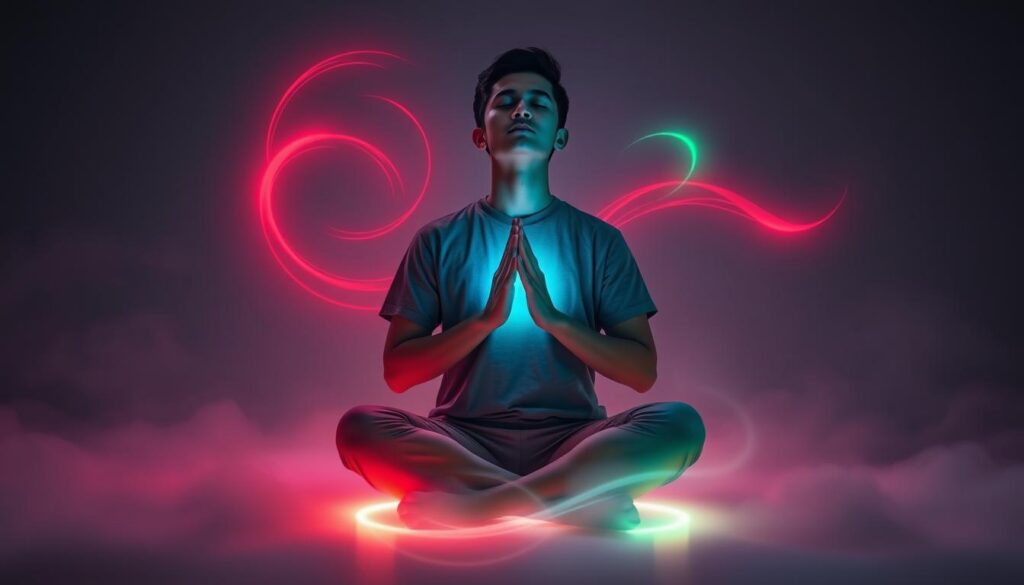 In a serene, ethereal setting, visualize an adult Gen Z individual in modest casual clothing, seated in a tranquil pose, eyes closed, embodying a sense of focus and calm. Their hands gently clasped over their heart, emanating swirling streams of vibrant neon energy—red, blue, and green—representing intention and visualization. The foreground features soft, glowing light halos encircling their figure, creating a dreamlike aura. In the middle ground, abstract spirals of light blend into subtle shapes of mandalas and waves, symbolizing energy flow. The background is a soft gradient of dark to light hues, with hints of soft abstract landscapes fading into the distance. The atmosphere is one of tranquility and deep connection, inviting viewers to contemplate the power of intention and visualization. Utilize soft, diffused lighting to enhance the mystical quality of the scene, akin to a high-end magazine advertisement. In a serene, ethereal setting, visualize an adult Gen Z individual in modest casual clothing, seated in a tranquil pose, eyes closed, embodying a sense of focus and calm. Their hands gently clasped over their heart, emanating swirling streams of vibrant neon energy—red, blue, and green—representing intention and visualization. The foreground features soft, glowing light halos encircling their figure, creating a dreamlike aura. In the middle ground, abstract spirals of light blend into subtle shapes of mandalas and waves, symbolizing energy flow. The background is a soft gradient of dark to light hues, with hints of soft abstract landscapes fading into the distance. The atmosphere is one of tranquility and deep connection, inviting viewers to contemplate the power of intention and visualization. Utilize soft, diffused lighting to enhance the mystical quality of the scene, akin to a high-end magazine advertisement.