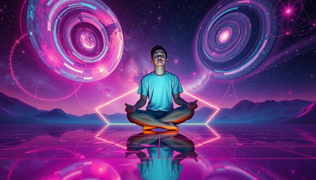 In a surreal dreamcore landscape, visualize an ethereal scene representing nonduality and ultimate reality. In the foreground, a serene figure in modest casual clothing sits cross-legged on a reflective surface that shimmers with neon colors, symbolizing connection to the universe. Their eyes are closed, radiating a soft glow. The middle ground features abstract geometric patterns intertwining like flowing energy, representing the oneness of existence. In the background, a vast cosmic sky filled with swirling galaxies and luminous stars, reflecting infinite possibilities. Use dramatic lighting to create a tranquil yet vibrant atmosphere, with a slight lens flare to accentuate the brilliance. Capture this harmonious essence with a wide-angle perspective that invites viewers into a contemplative state. In a surreal dreamcore landscape, visualize an ethereal scene representing nonduality and ultimate reality. In the foreground, a serene figure in modest casual clothing sits cross-legged on a reflective surface that shimmers with neon colors, symbolizing connection to the universe. Their eyes are closed, radiating a soft glow. The middle ground features abstract geometric patterns intertwining like flowing energy, representing the oneness of existence. In the background, a vast cosmic sky filled with swirling galaxies and luminous stars, reflecting infinite possibilities. Use dramatic lighting to create a tranquil yet vibrant atmosphere, with a slight lens flare to accentuate the brilliance. Capture this harmonious essence with a wide-angle perspective that invites viewers into a contemplative state.